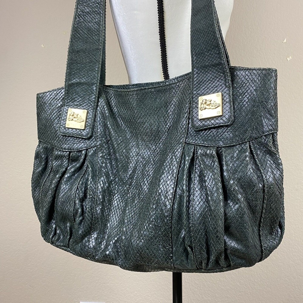 JENRIGO GREEN OLIVE SNAKE PYTHON LEATHER LARGE TOTE HAND SHOULDER BAG MADE ITALY
